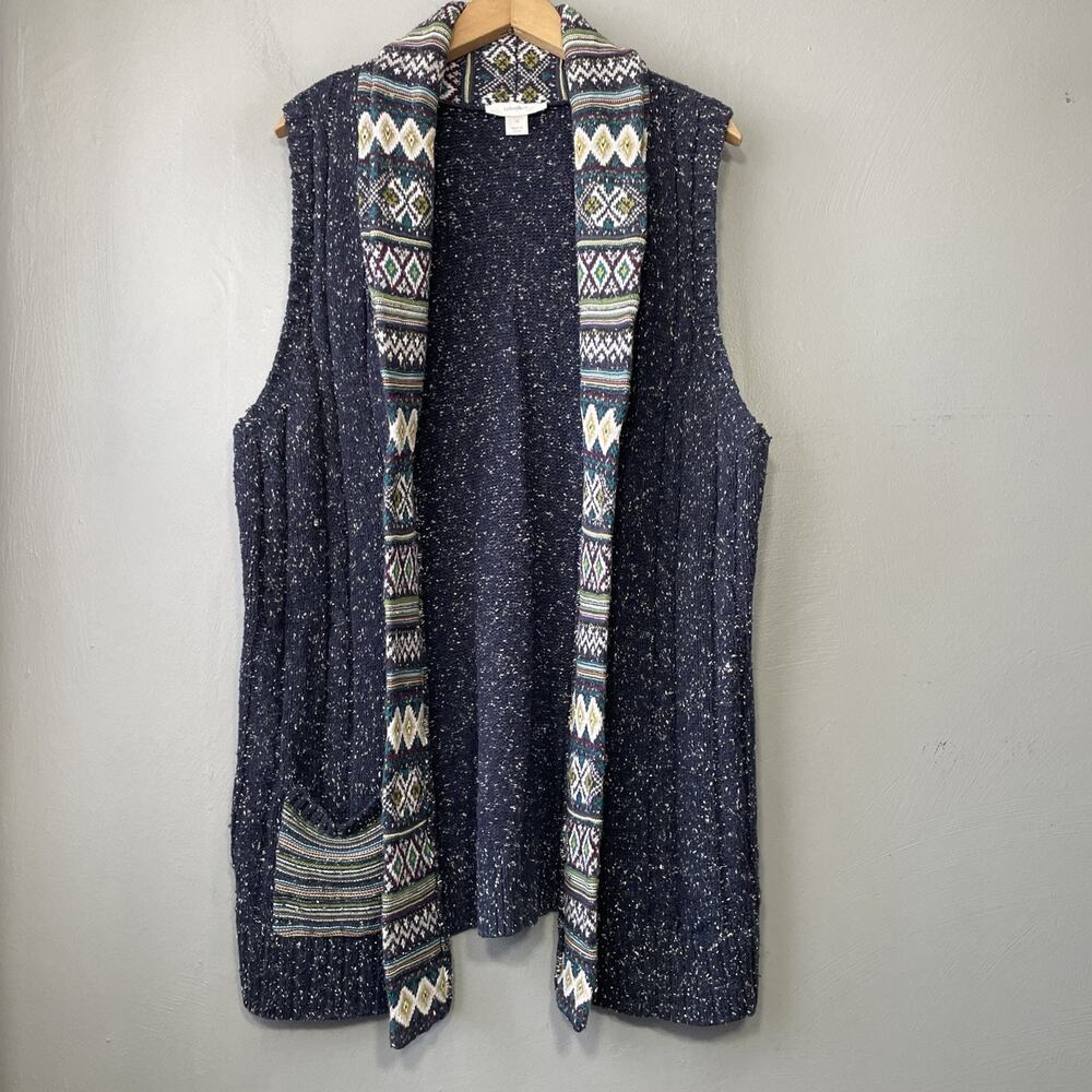 Aztec Sweater Vest Plus Size 1X Flecked Blue Sleeveless Cardigan Artsy Boho